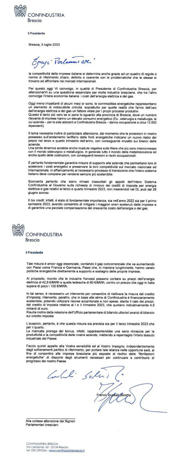 Lettera Confindustria Brescia ai parlamentari