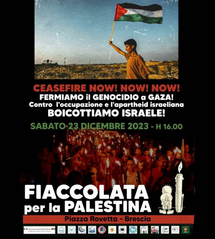 locandina manifestazione fiaccolata palestina Brescia Gaza